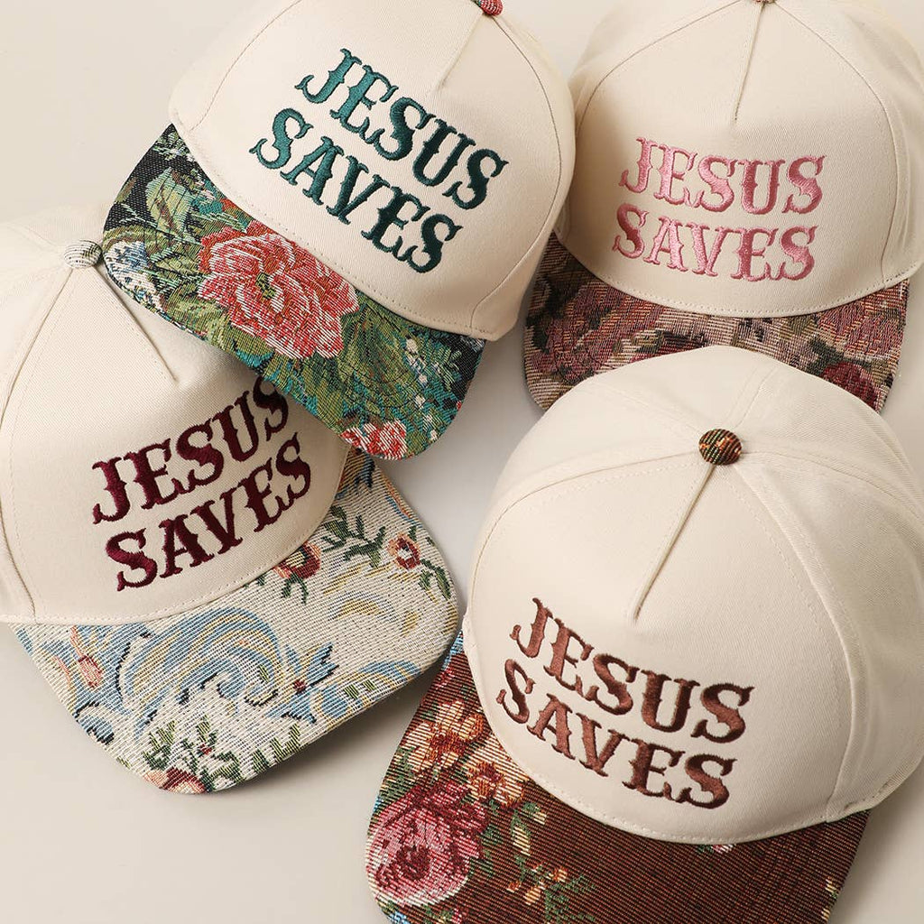 JESUS SAVES Embroidered Floral Tapestry Trucker Hat, front view