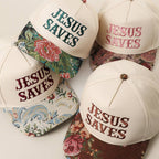 JESUS SAVES Embroidered Floral Tapestry Trucker Hat, front view