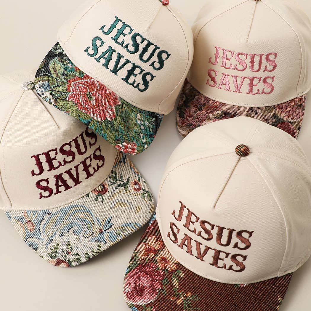 JESUS SAVES Embroidered Floral Tapestry Trucker Hat, front view