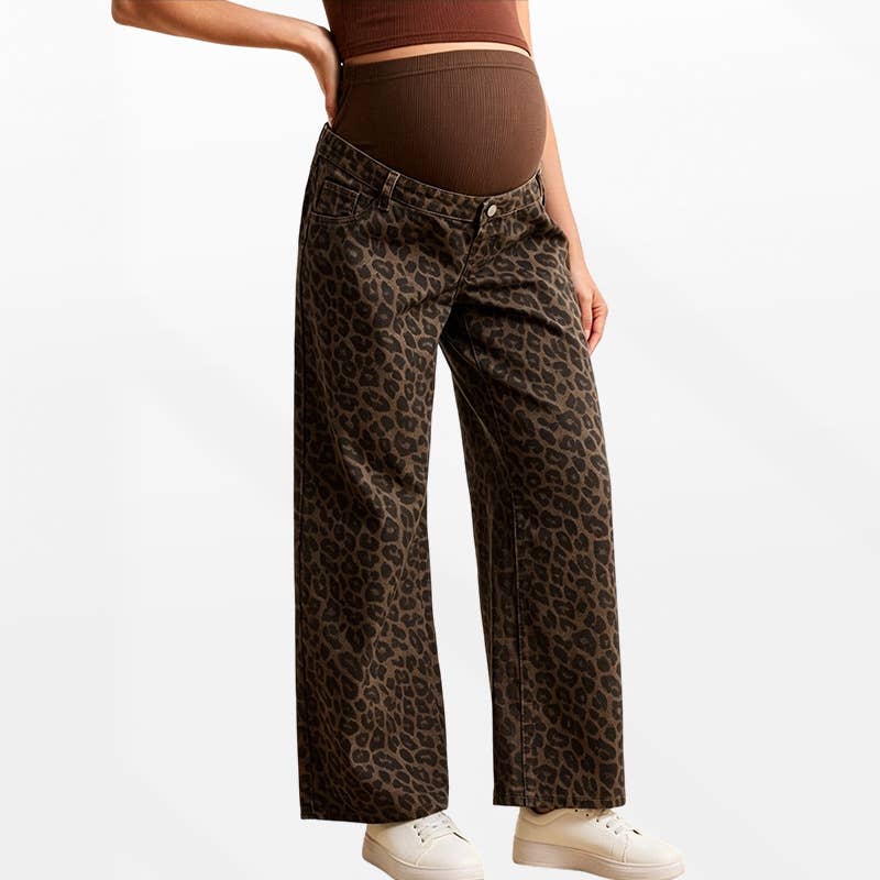 Women's Maternity Over Belly Leopard Wide Leg Jeans, side view
