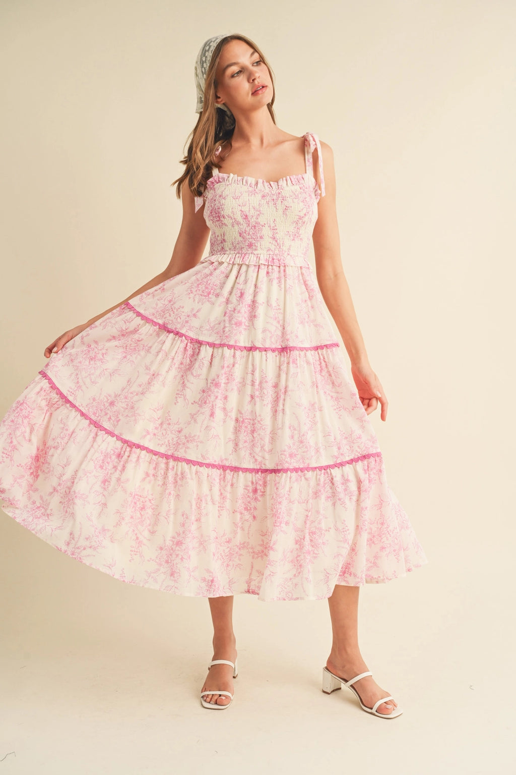 The Pink Cottage Dress | Pink Floral Smocked Tie Strap Midi Dress