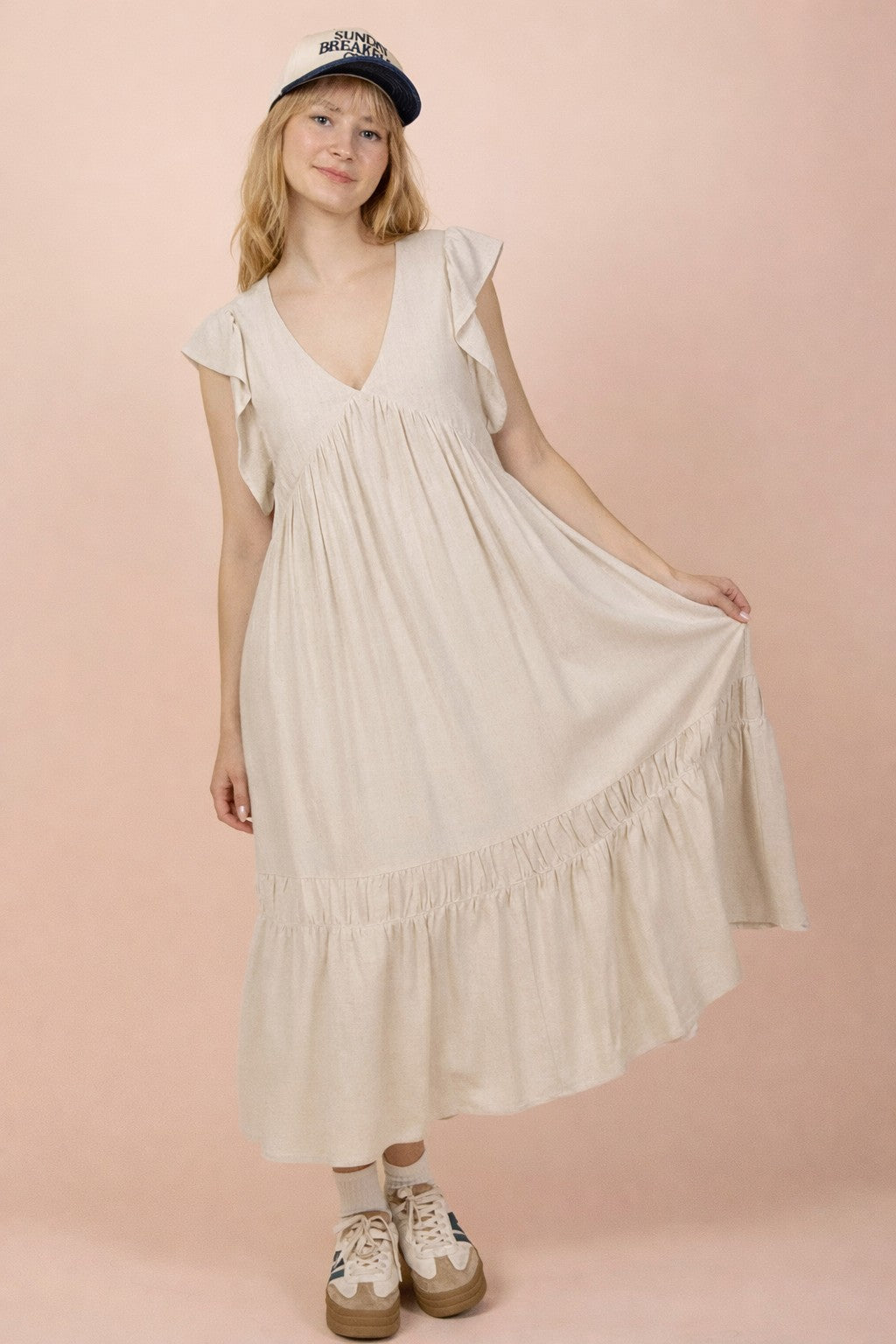 The Sunday Stroll Midi Dress | Linen Blend Ruffle Sleeve Dress