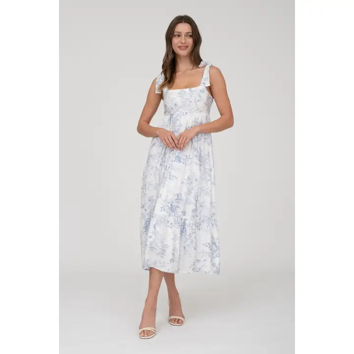 The Blue and White Fruit Blossom Midi Dress | Tie Strap Floral Midi