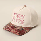 JESUS SAVES Embroidered Floral Tapestry Trucker Hat, flat lay