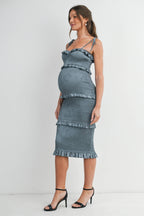 Smocked Ruffle Trim Maternity Midi Dress with Tie Straps, styled view