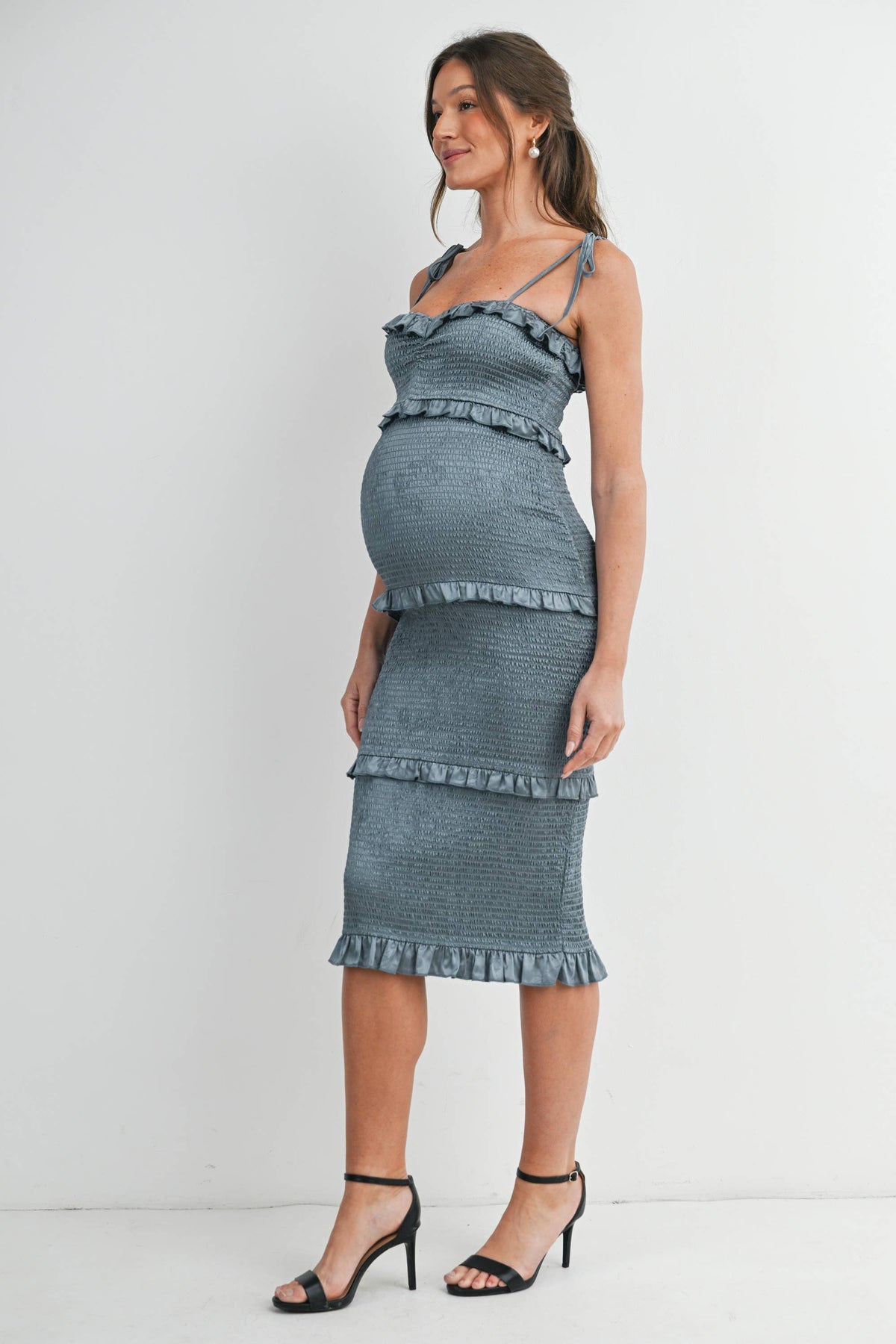Smocked Ruffle Trim Maternity Midi Dress with Tie Straps, styled view