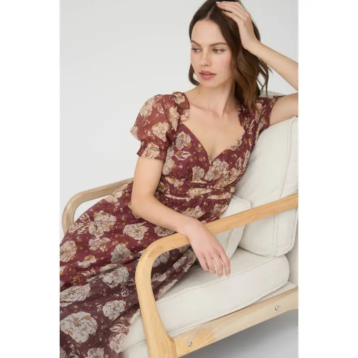 The Bordeaux Bloom Midi Dress | Burgundy Floral Smocked Puff Sleeve Midi Dress