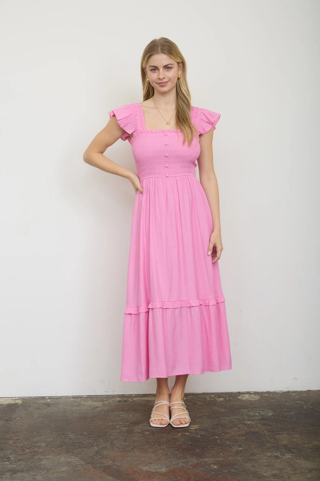 The All Buttoned Up Candy Pink Dress | Mock Button Midi Dress