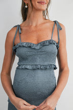 Smocked Ruffle Trim Maternity Midi Dress with Tie Straps, side view