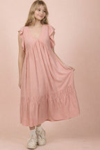 The Sunday Stroll Midi Dress | Linen Blend Ruffle Sleeve Dress