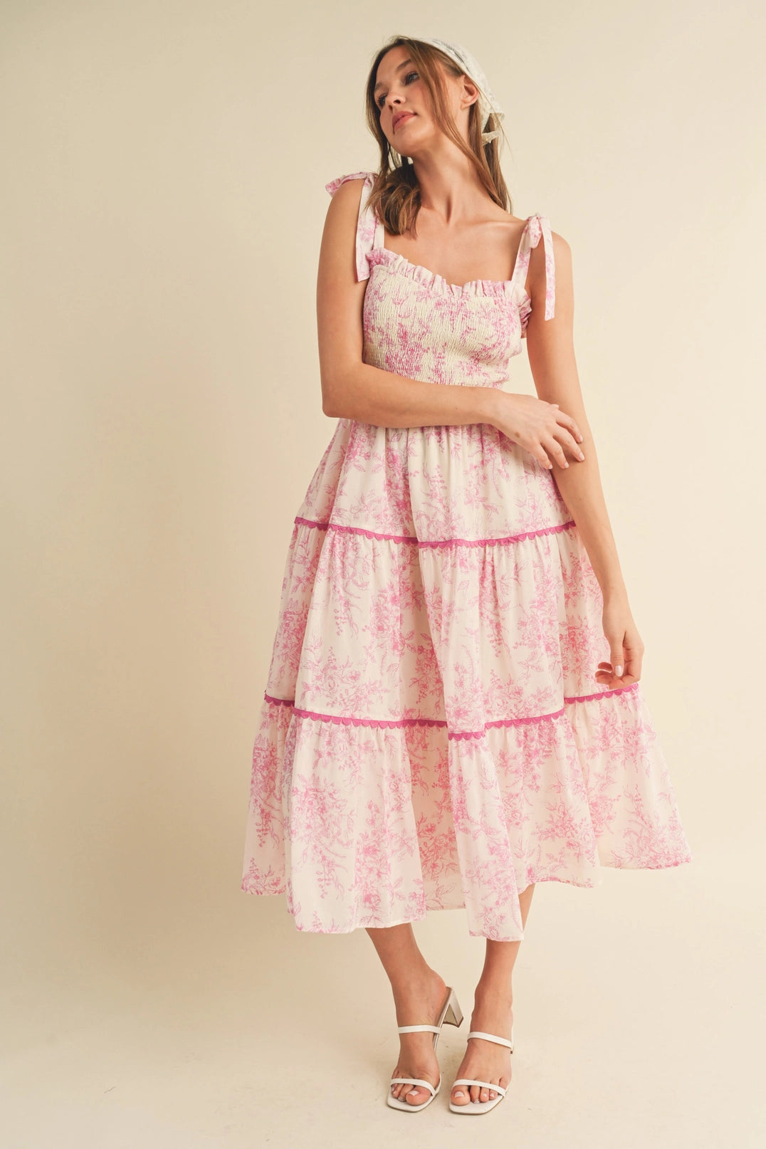 The Pink Cottage Dress | Pink Floral Smocked Tie Strap Midi Dress