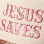 JESUS SAVES Embroidered Floral Tapestry Trucker Hat, styled view