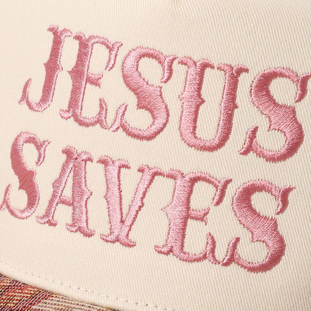 JESUS SAVES Embroidered Floral Tapestry Trucker Hat, styled view