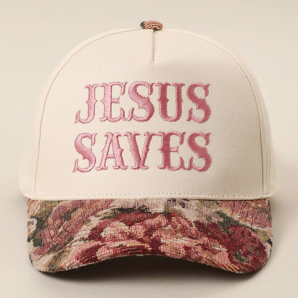JESUS SAVES Embroidered Floral Tapestry Trucker Hat, detail view