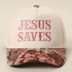 JESUS SAVES Embroidered Floral Tapestry Trucker Hat, detail view