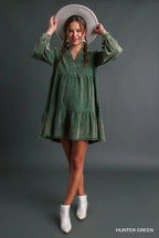 The Cedar Grove Dress | Green Acid Wash Corduroy Style Midi Dress