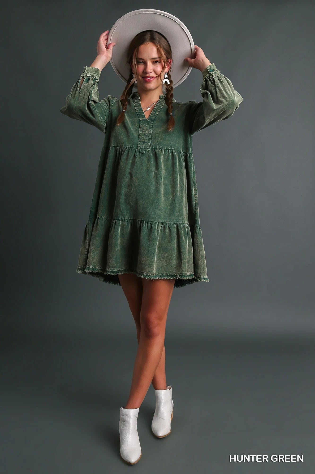 The Cedar Grove Dress | Green Acid Wash Corduroy Style Midi Dress