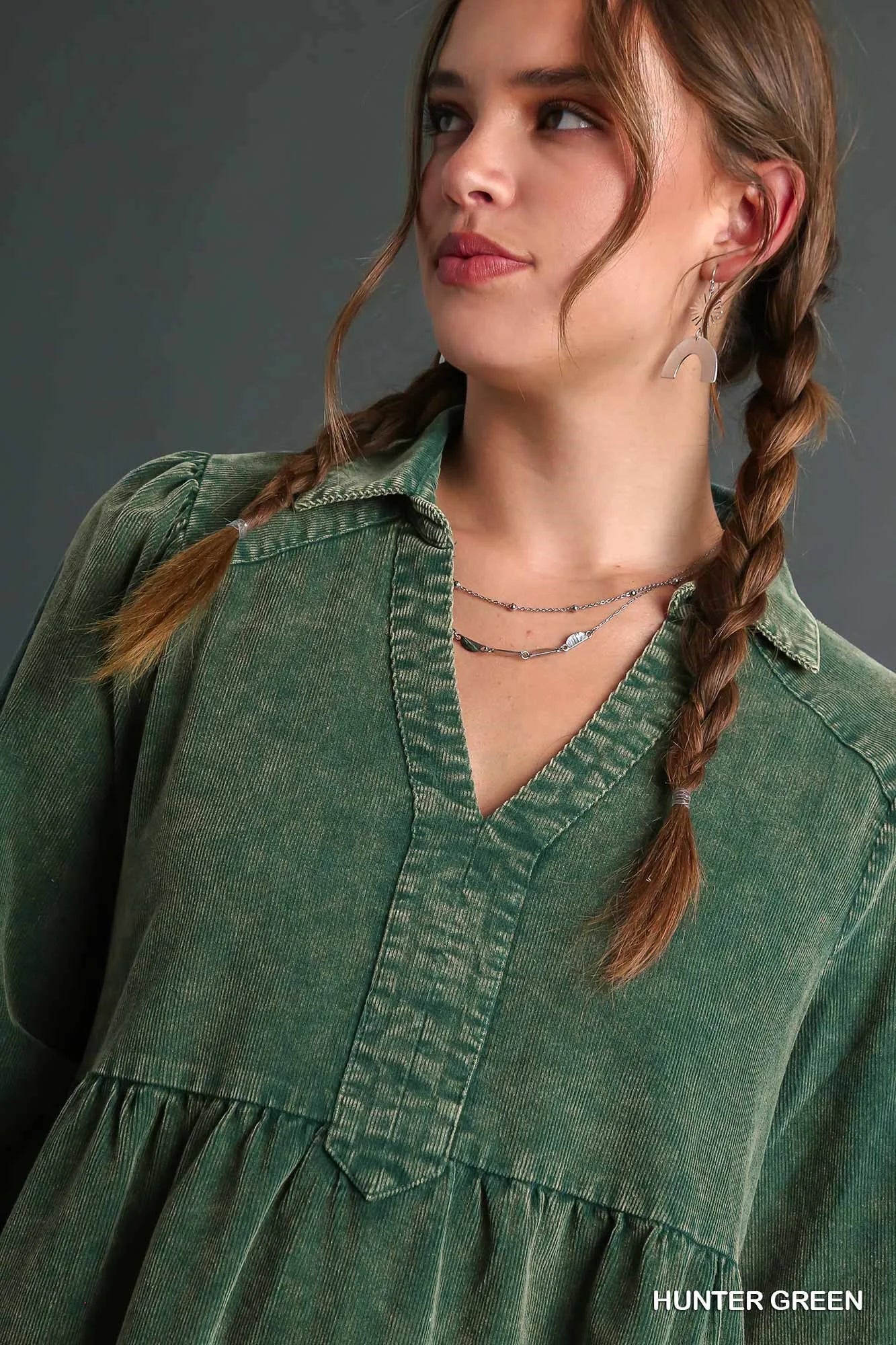 The Cedar Grove Dress | Green Acid Wash Corduroy Style Midi Dress