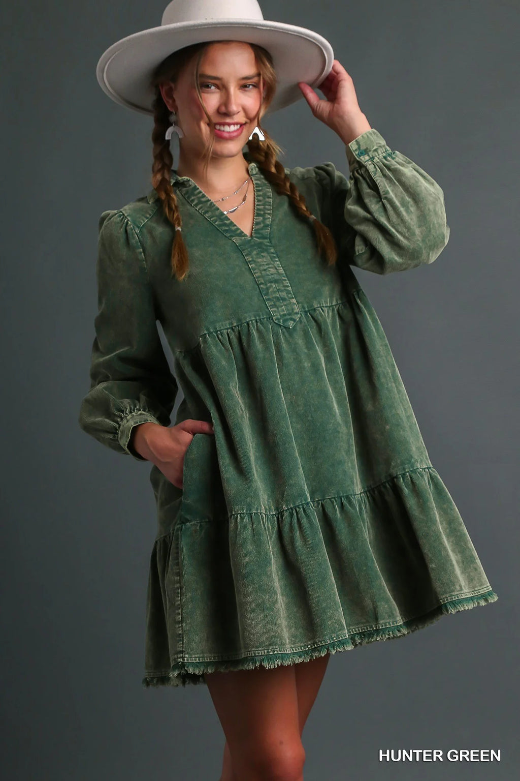 The Cedar Grove Dress | Green Acid Wash Corduroy Style Midi Dress