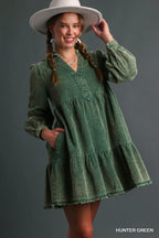 The Cedar Grove Dress | Green Acid Wash Corduroy Style Midi Dress