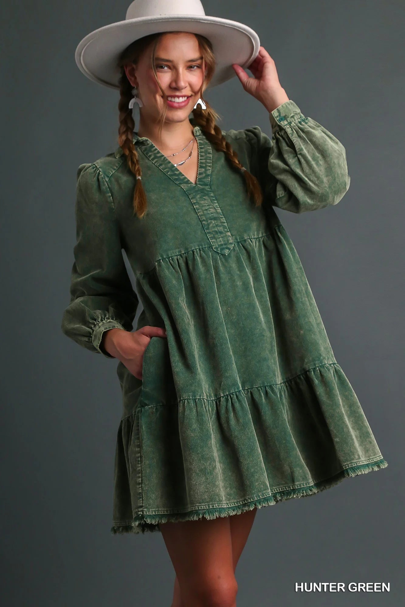 The Cedar Grove Dress | Green Acid Wash Corduroy Style Midi Dress