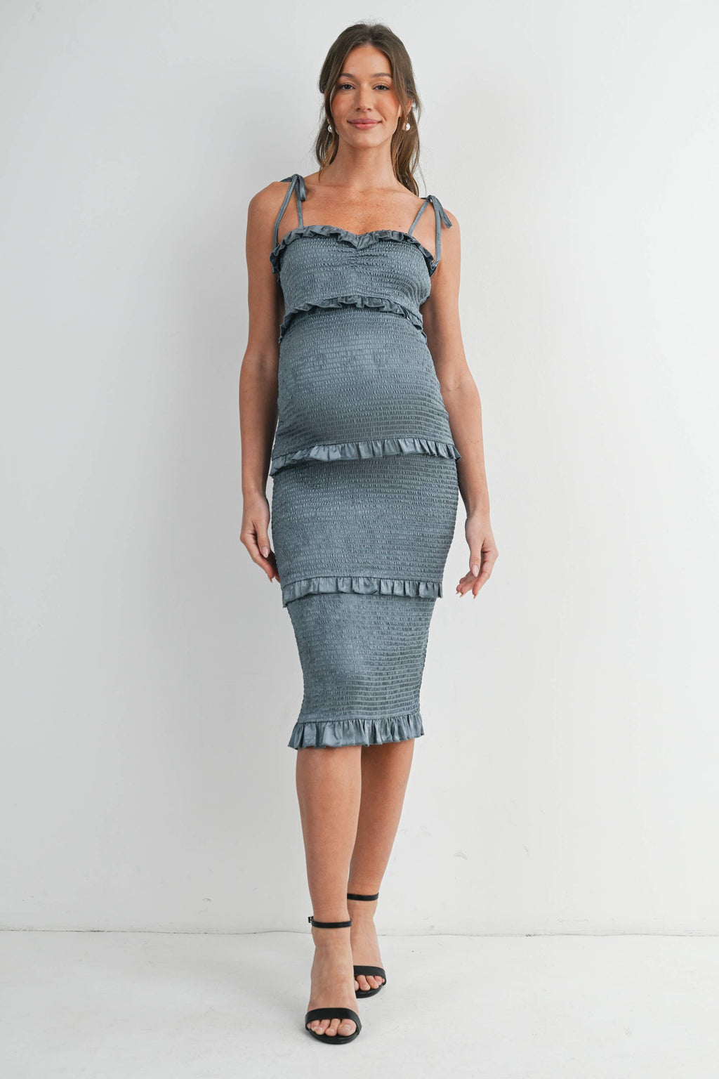Smocked Ruffle Trim Maternity Midi Dress with Tie Straps, view 9