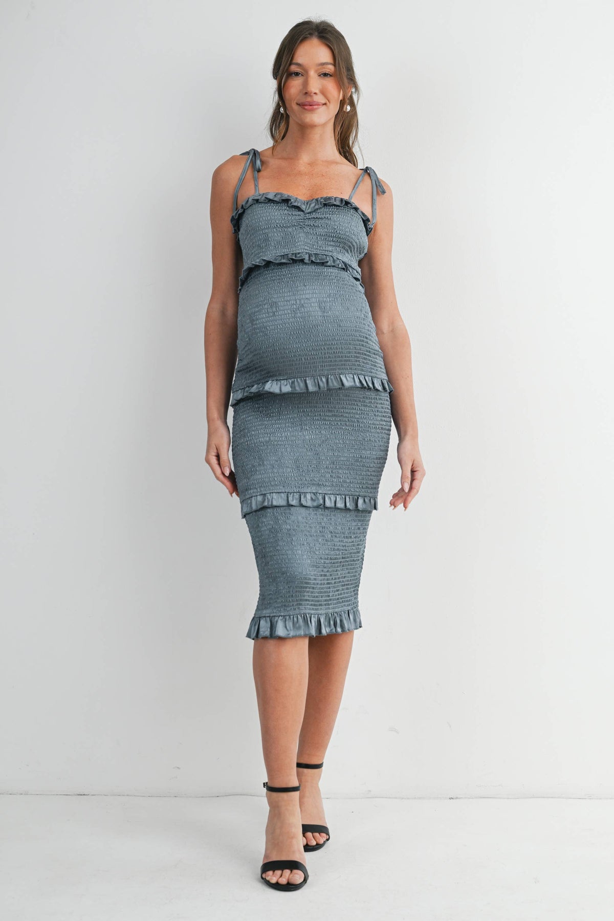 Smocked Ruffle Trim Maternity Midi Dress with Tie Straps, view 9