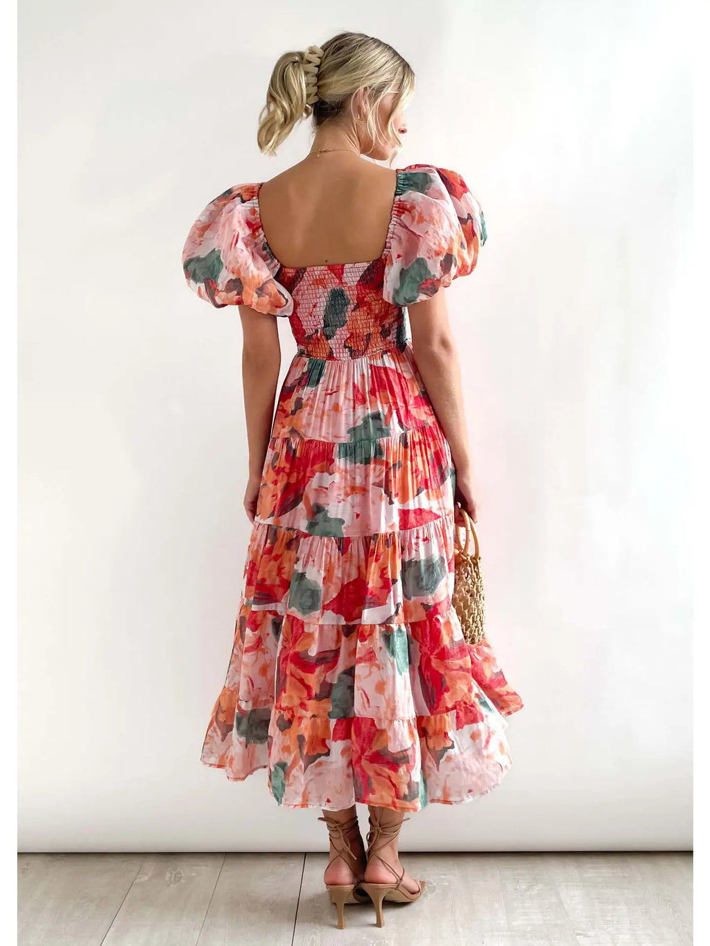 The Aurora Sunrise Midi | Colorful Floral Puff Sleeve Smocked Midi Dress