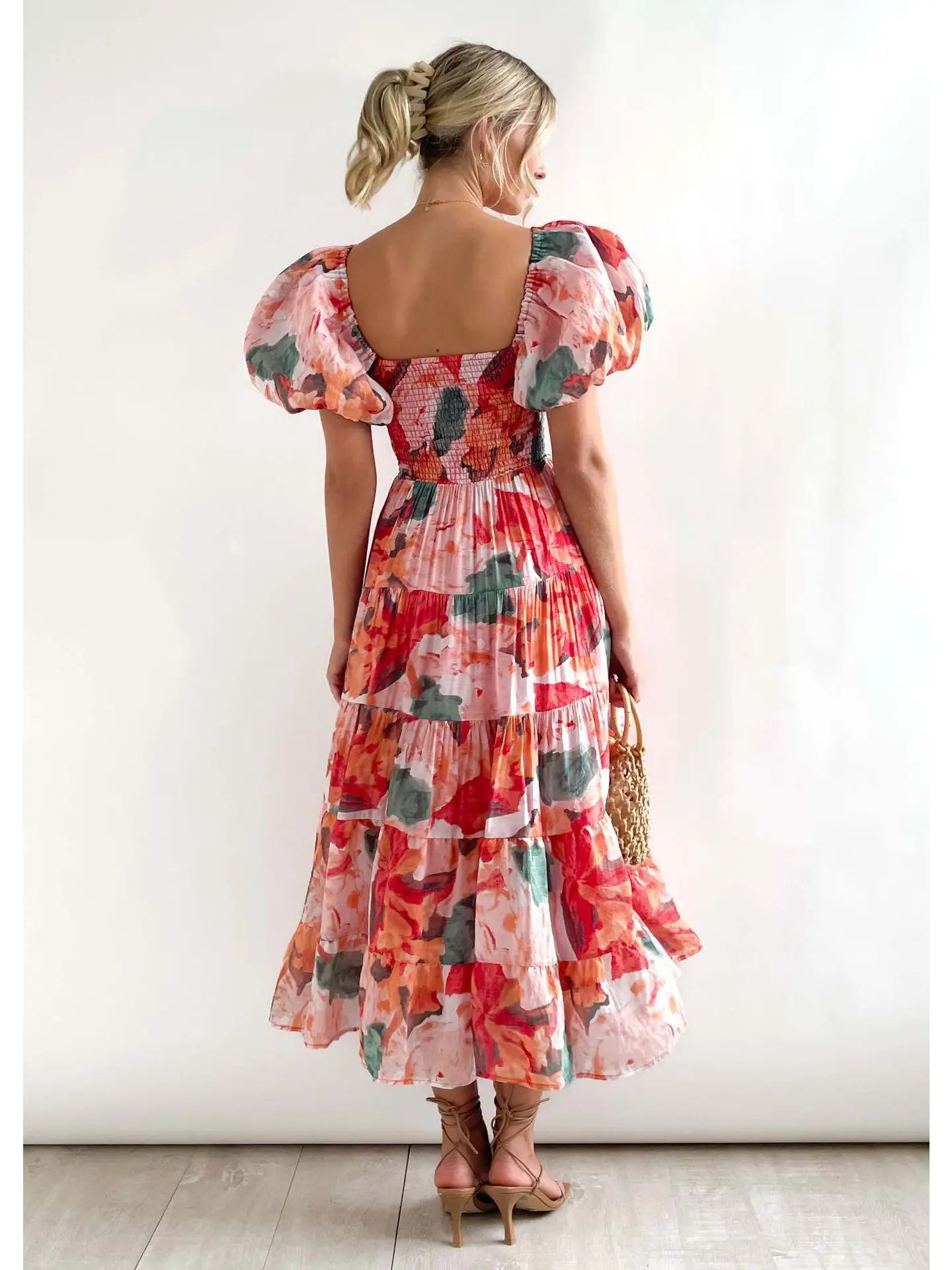 The Aurora Sunrise Midi | Colorful Floral Puff Sleeve Smocked Midi Dress