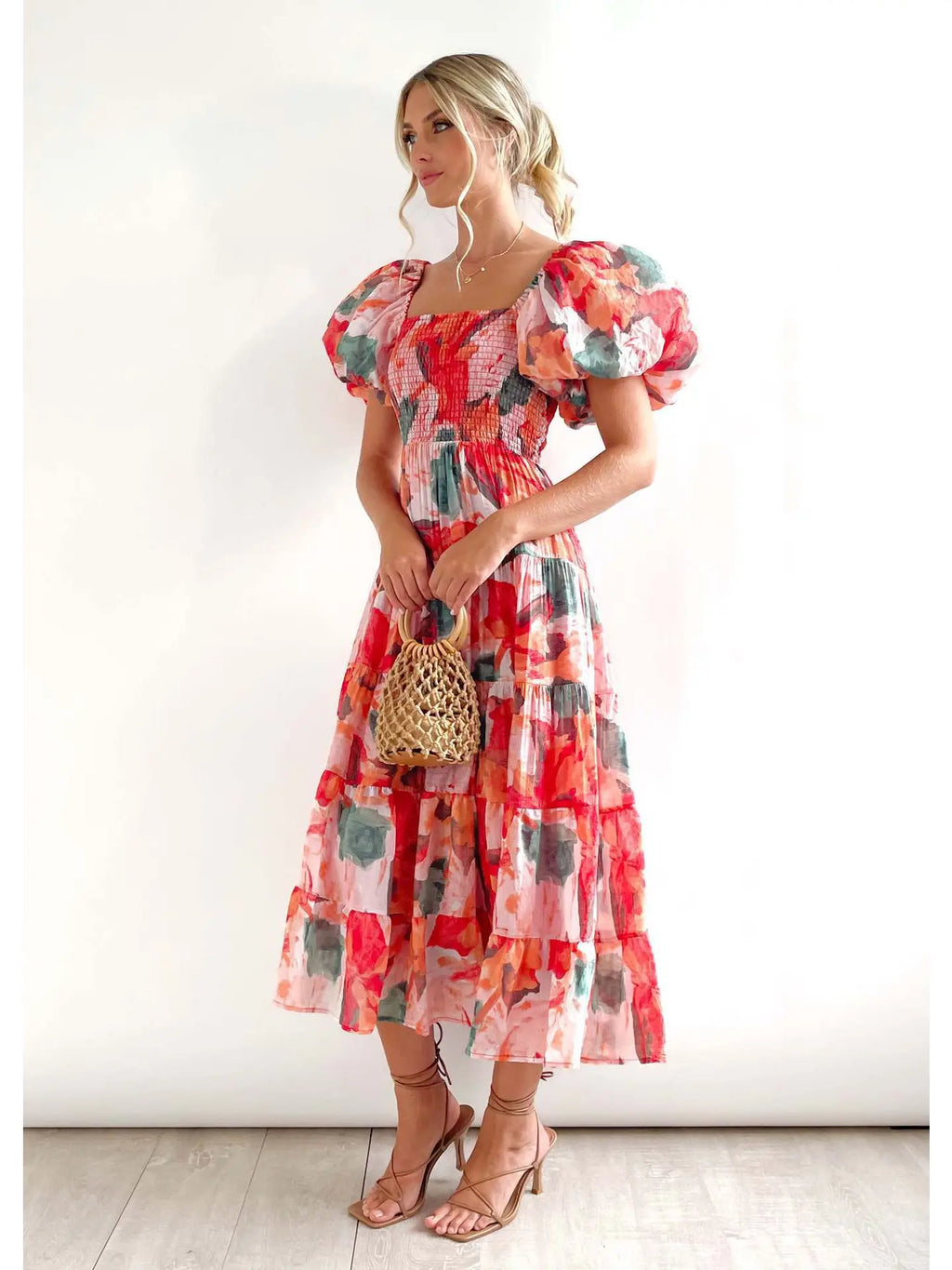 The Aurora Sunrise Midi | Colorful Floral Puff Sleeve Smocked Midi Dress