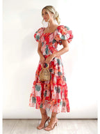 The Aurora Sunrise Midi | Colorful Floral Puff Sleeve Smocked Midi Dress