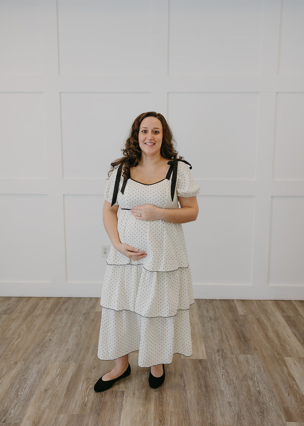 The Paris Polka Dot Maternity Midi Dress | Bow Shoulder Sweetheart Dress
