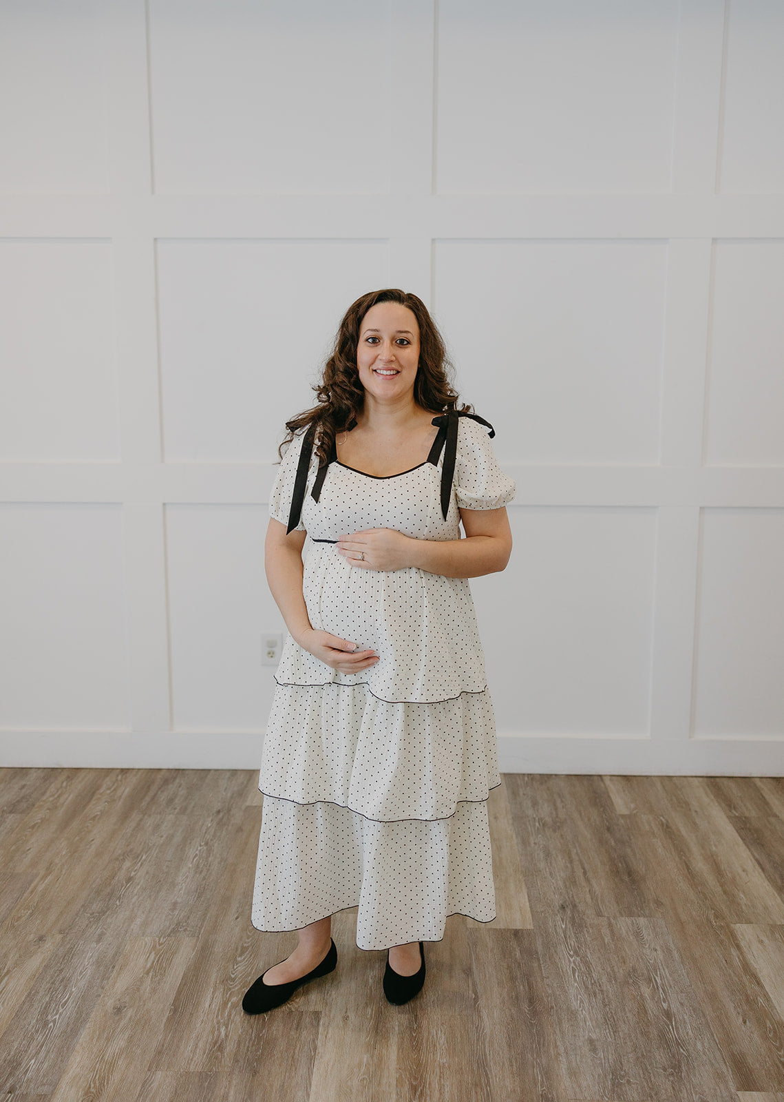 The Paris Polka Dot Maternity Midi Dress | Bow Shoulder Sweetheart Dress