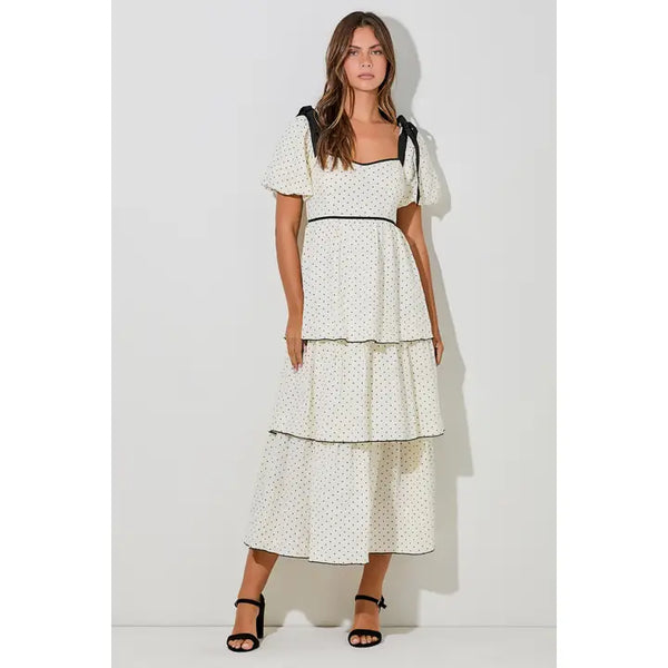 pleated sweetheart midi dress in polka dot The Paris Polka Dot Midi Dress