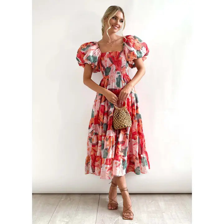 The Aurora Sunrise Midi | Colorful Floral Puff Sleeve Smocked Midi Dress