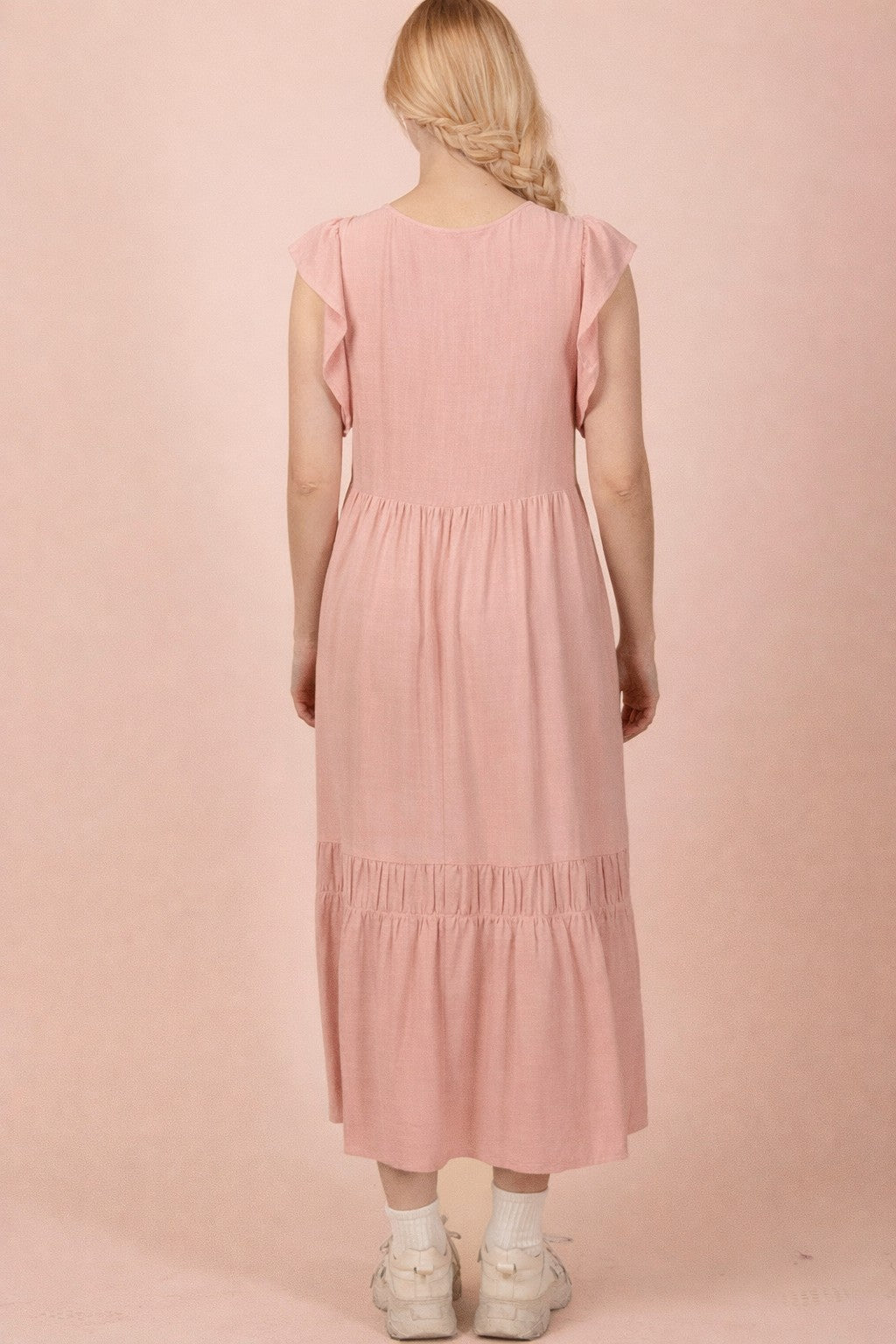 The Sunday Stroll Midi Dress | Linen Blend Ruffle Sleeve Dress