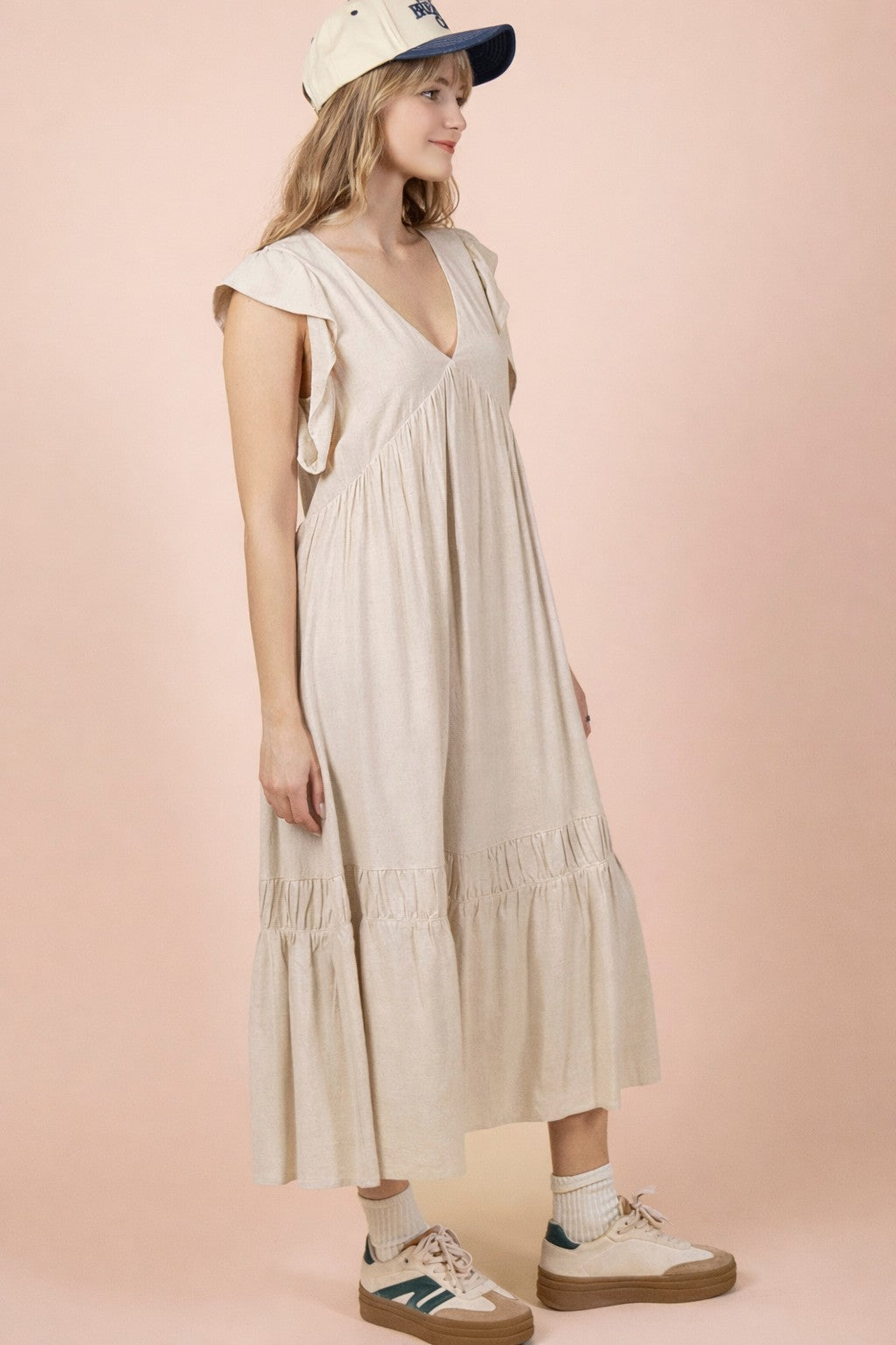 The Sunday Stroll Midi Dress | Linen Blend Ruffle Sleeve Dress