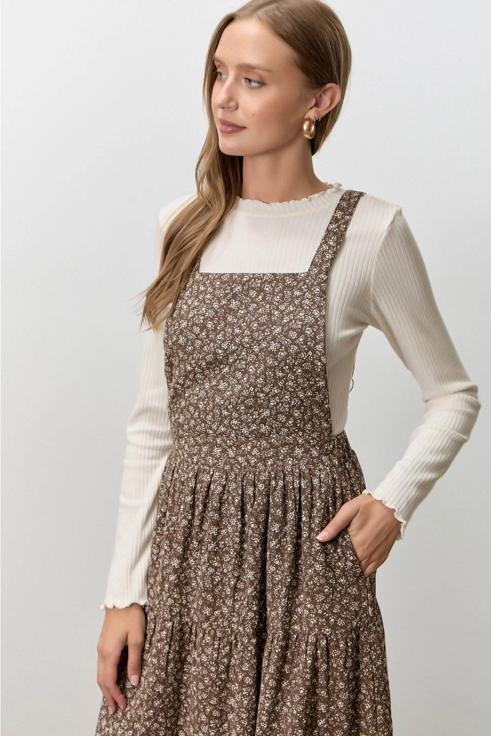 FLORAL PRINT OVERALL MIDI SKIRT, DK BROWN, back view