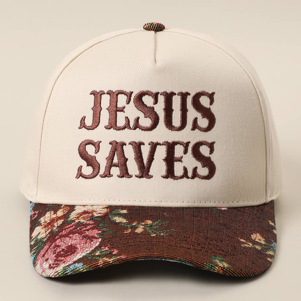 JESUS SAVES Embroidered Floral Tapestry Trucker Hat, back view