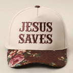 JESUS SAVES Embroidered Floral Tapestry Trucker Hat, back view