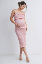 Smocked Ruffle Trim Maternity Midi Dress with Tie Straps, view 12