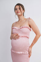 Smocked Ruffle Trim Maternity Midi Dress with Tie Straps, view 10