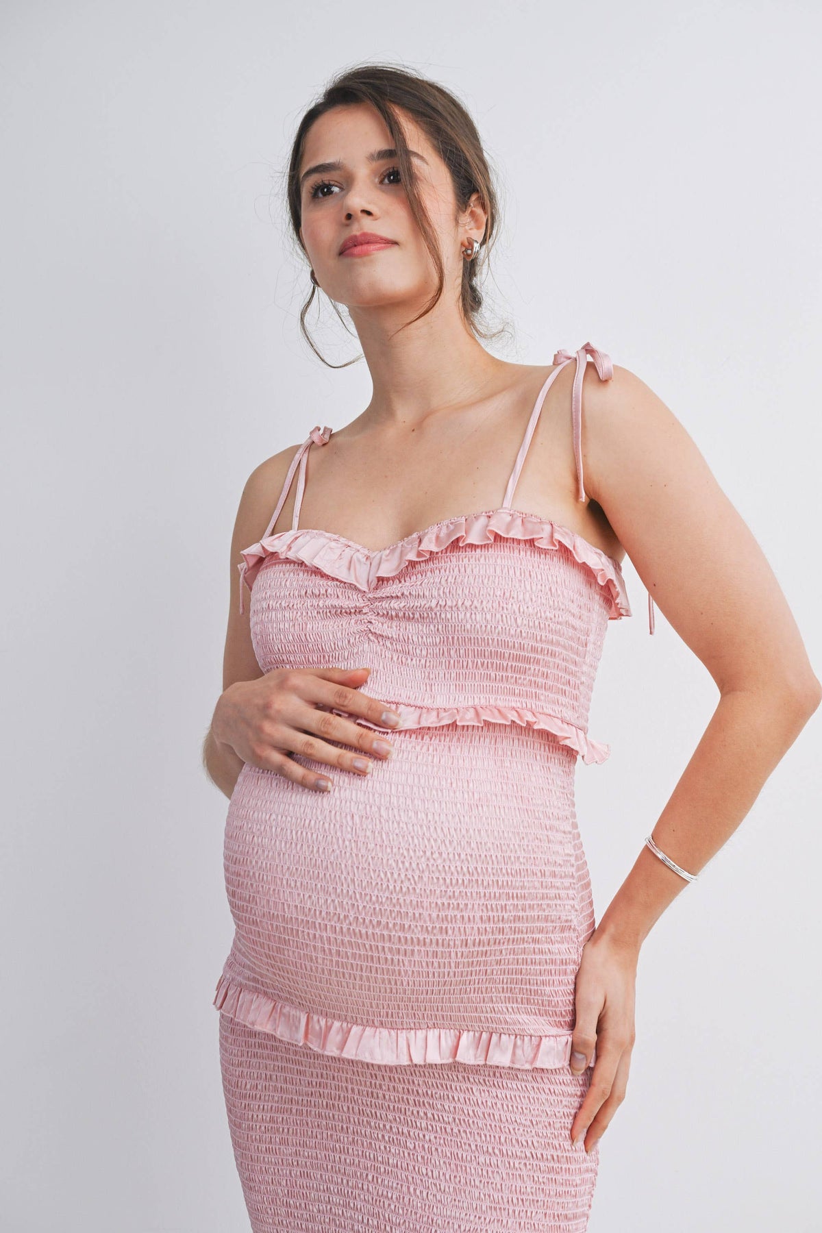 Smocked Ruffle Trim Maternity Midi Dress with Tie Straps, view 10