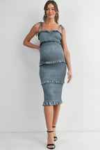 Smocked Ruffle Trim Maternity Midi Dress with Tie Straps, front view