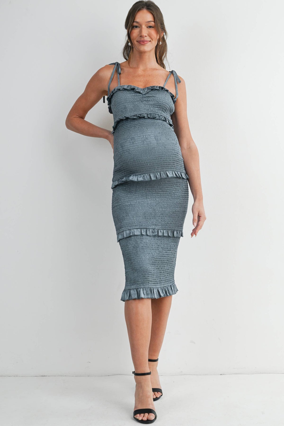 Smocked Ruffle Trim Maternity Midi Dress with Tie Straps, front view
