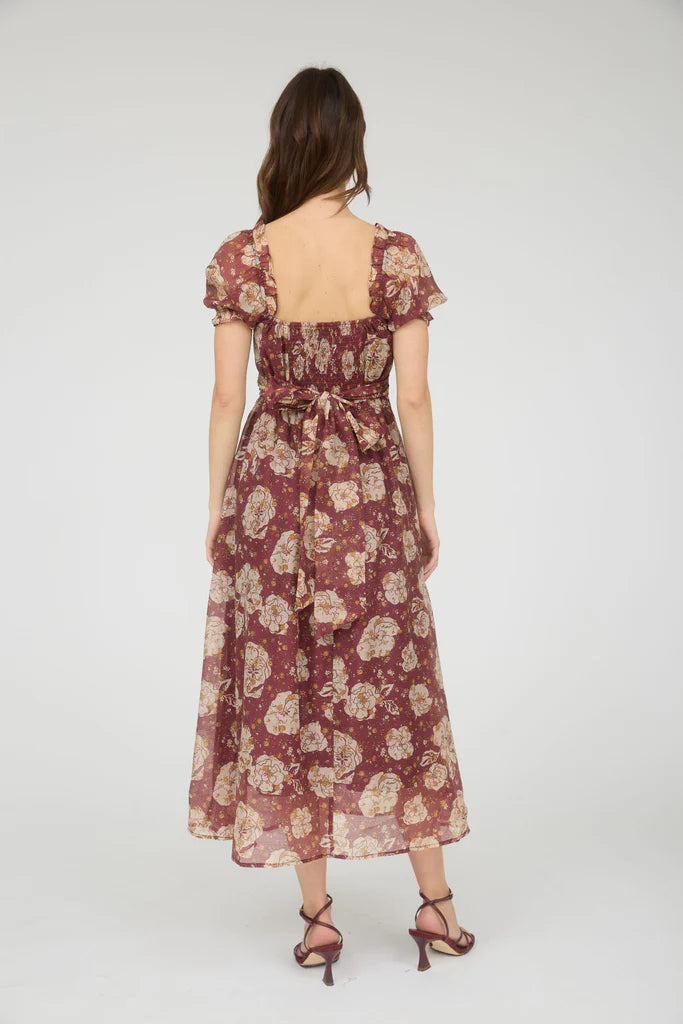 The Bordeaux Bloom Midi Dress | Burgundy Floral Smocked Puff Sleeve Midi Dress