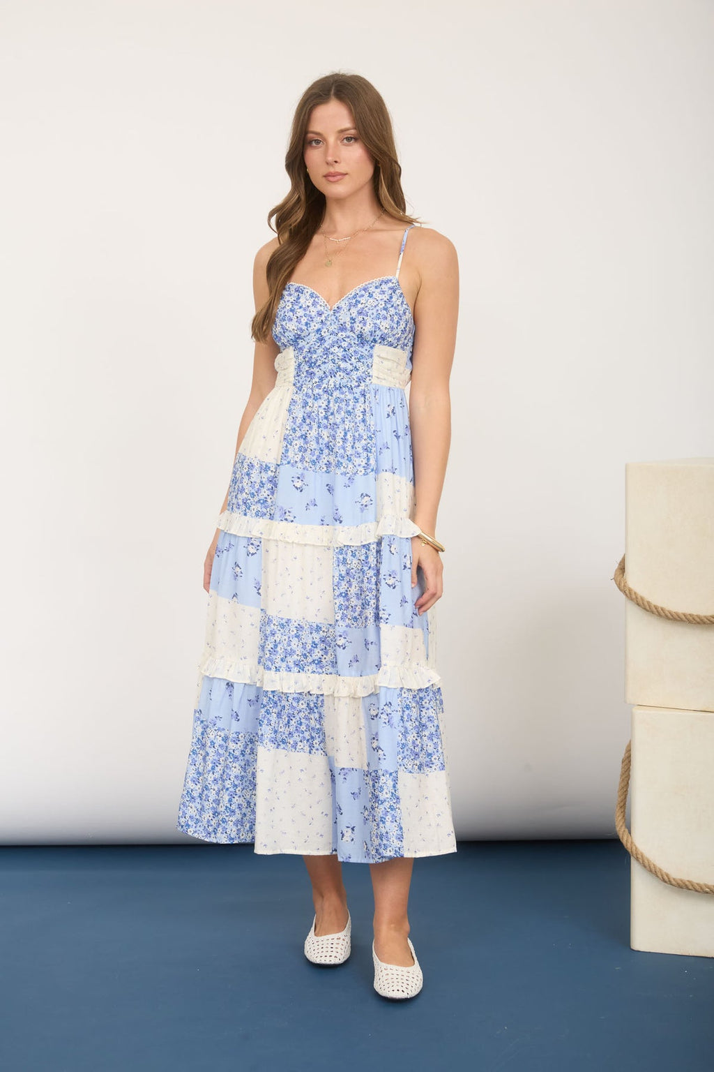 The Blue Cottage Midi Dress | Blue Floral Patchwork Smocked Midi