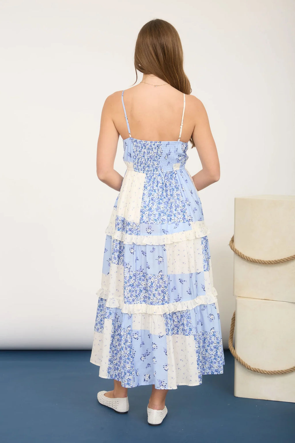 The Blue Cottage Midi Dress | Blue Floral Patchwork Smocked Midi