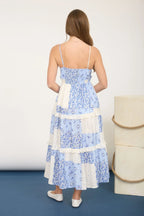 The Blue Cottage Midi Dress | Blue Floral Patchwork Smocked Midi