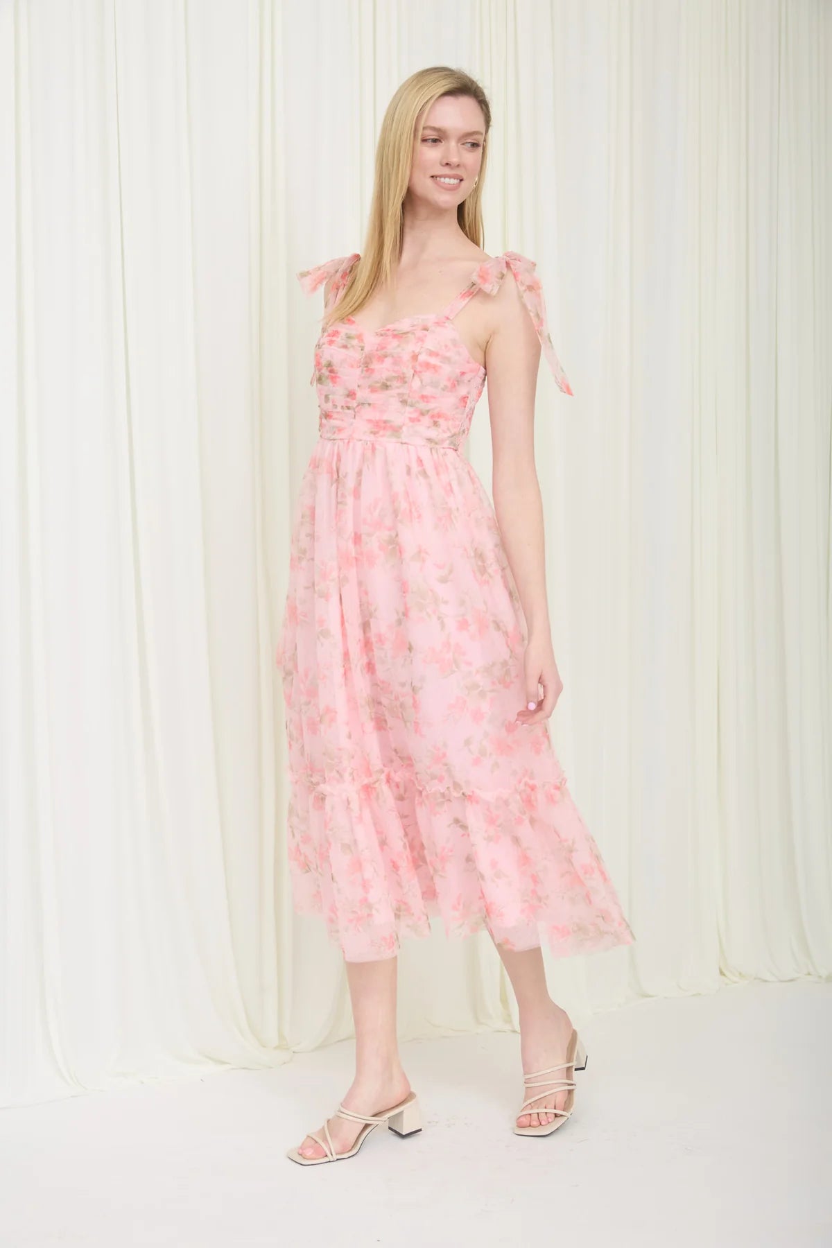 The Garden Party Midi Dress | Pink Floral Tie Strap Smocked Midi